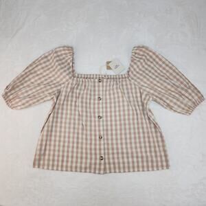 Cottagecore Coquette Puff Sleeve Blouse Medium Beige Gingham Organic Cotton NEW